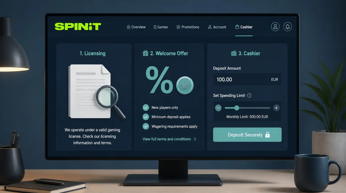Panel oceny kasyna z dokumentem licencyjnym, warunkami bonusu i przyciskiem przejścia do kasy