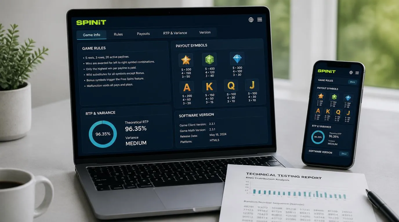 Panel informacji o grze kasynowej z zasadami, parametrem RTP i dokumentem testów RNG na laptopie