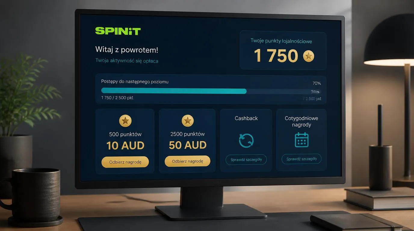 Panel programu lojalnościowego z licznikiem punktów oraz kartami cashbacku i cotygodniowych nagród